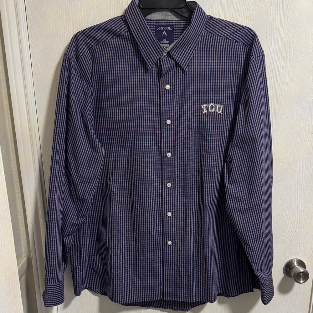 Antigua Mens 2XL TCU Horned Frogs Gingham‎ Long Sleeve Woven Button Down Shirt